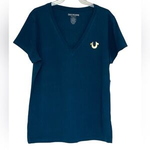 True Religion Blue/Dark Teal V-Neck T-Shirt with Gold Horse Shoe Size XXL